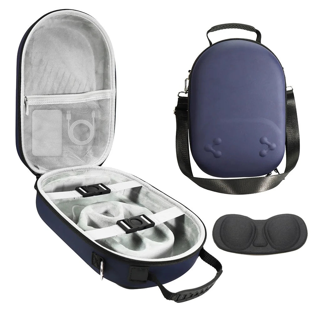 For Meta Quest 3S Storage Bag VR Headset Carrying Case with Lenses Protector Hard Shell EVA Leather Bag Shock Resistant - Dark Blue - 1