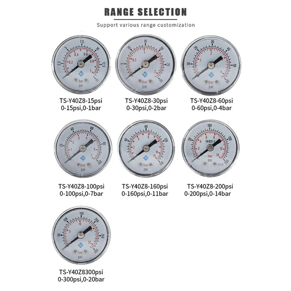 TS-Y40Z8 1 / 8 BSPT Thread Hydraulic Pressure Gauge Manometer 40mm Dial Meter Measuring Tool - 15psi - 5