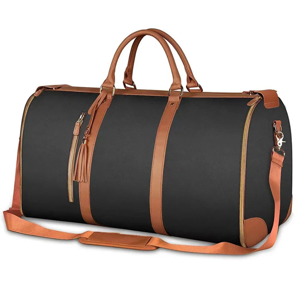 Travel Garment Bag Portable Luggage Organizer Large Capacity PU Leather Duffel Bag - Black / Brown - 1