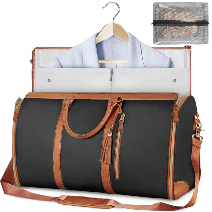 Travel Garment Bag Portable Luggage Organizer Large Capacity PU Leather Duffel Bag - Black / Brown - 2
