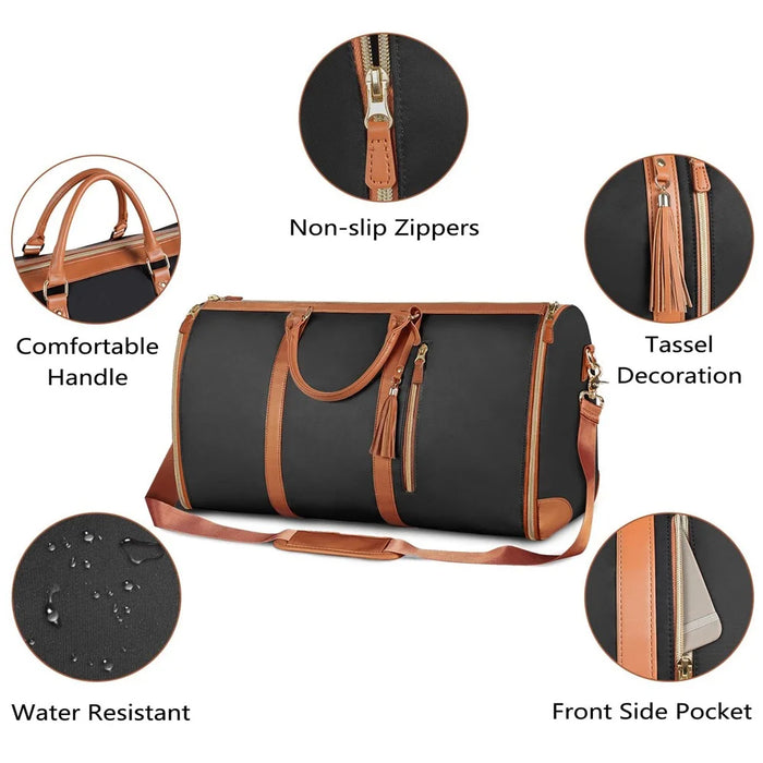 Travel Garment Bag Portable Luggage Organizer Large Capacity PU Leather Duffel Bag - Black / Brown - 3