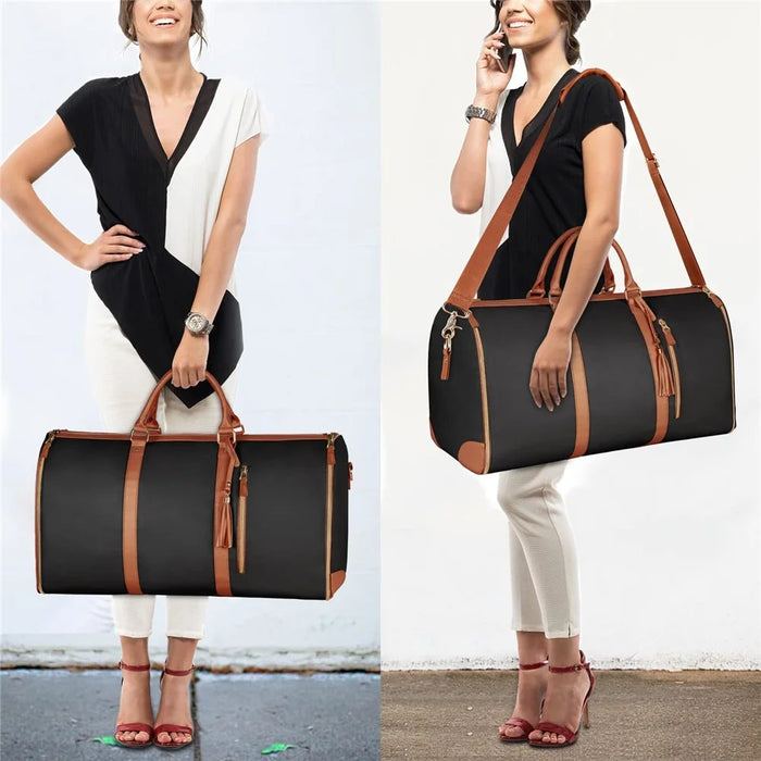 Travel Garment Bag Portable Luggage Organizer Large Capacity PU Leather Duffel Bag - Black / Brown - 5
