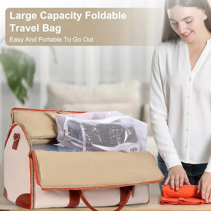Travel Garment Bag Portable Luggage Organizer Large Capacity PU Leather Duffel Bag - Black / Brown - 7