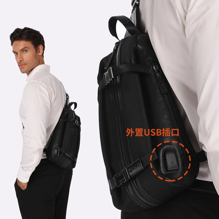 QIALINO Multifunctional Crossbody Bag with USB Port Genuine Cow Leather Chest Pouch Lightweight Casual Waist Bag for Men / Women - 2