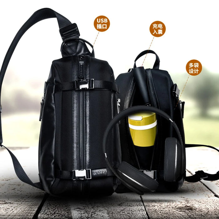 QIALINO Multifunctional Crossbody Bag with USB Port Genuine Cow Leather Chest Pouch Lightweight Casual Waist Bag for Men / Women - 3