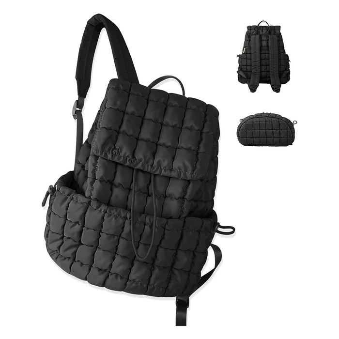 Women Down Plaid Backpack Crinkle Design Large Capacity Lightweight Travel Bag - Black - 2