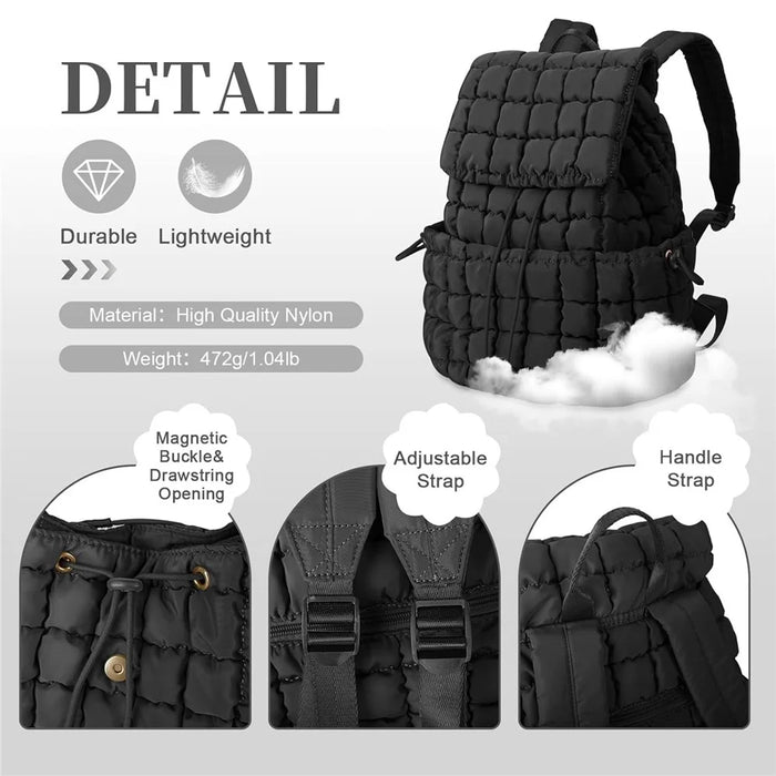Women Down Plaid Backpack Crinkle Design Large Capacity Lightweight Travel Bag - Black - 3