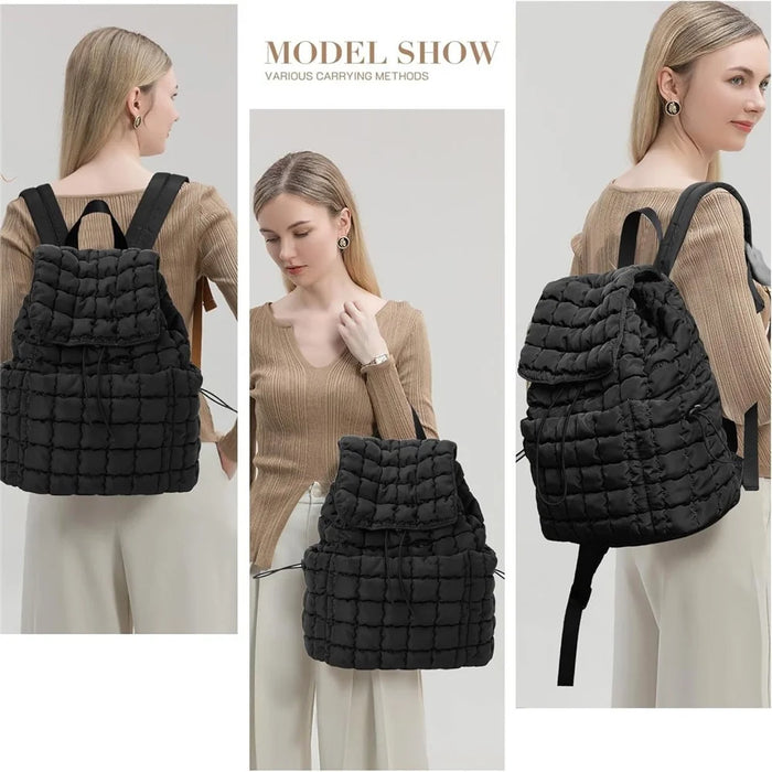 Women Down Plaid Backpack Crinkle Design Large Capacity Lightweight Travel Bag - Black - 4