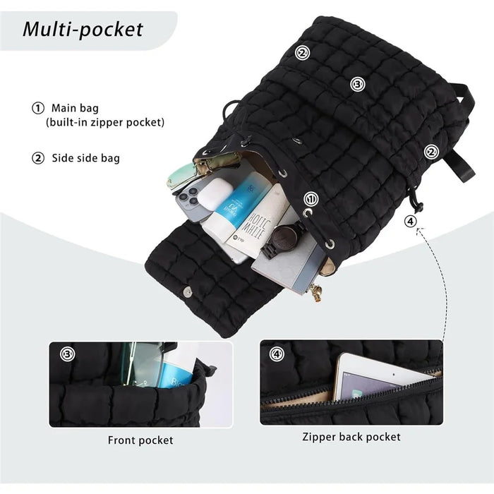 Women Down Plaid Backpack Crinkle Design Large Capacity Lightweight Travel Bag - Black - 6