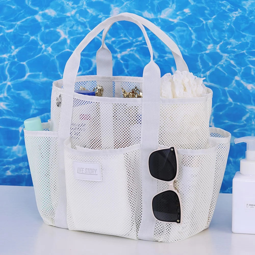 9017 Mesh Beach Bag Outdoor Swimming Toiletries Storage Tote Portable Cosmetic Handbag - Beige - 2