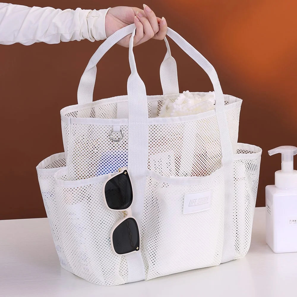 9017 Mesh Beach Bag Outdoor Swimming Toiletries Storage Tote Portable Cosmetic Handbag - Beige - 3