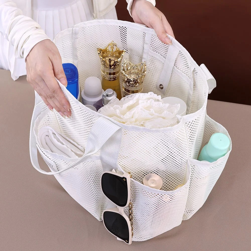 9017 Mesh Beach Bag Outdoor Swimming Toiletries Storage Tote Portable Cosmetic Handbag - Beige - 6