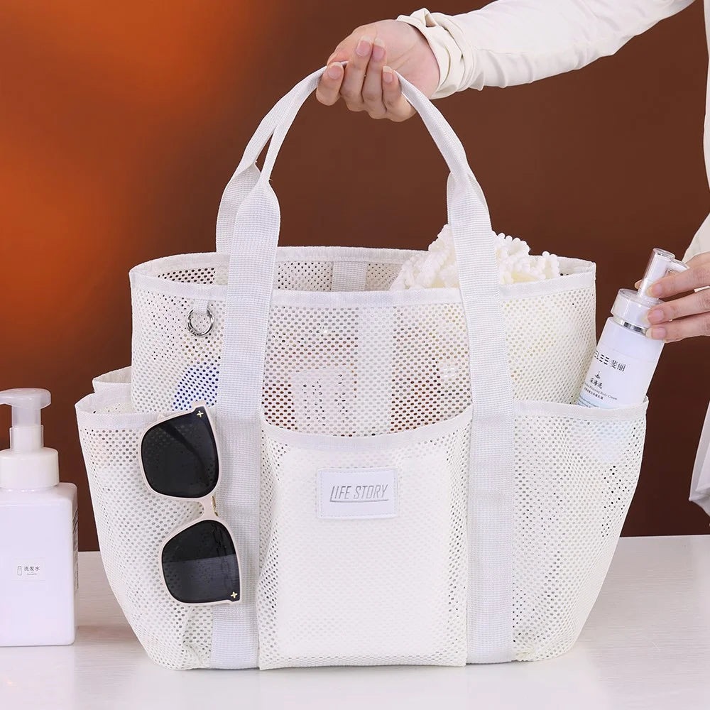 9017 Mesh Beach Bag Outdoor Swimming Toiletries Storage Tote Portable Cosmetic Handbag - Beige - 7