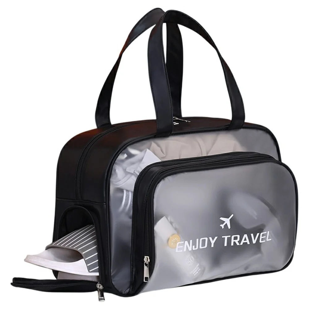 9015 PU Leather+PVC Dual Layer Travel Fitness Swimming Gym Bag Waterproof Toiletry Bag with Shoe Compartment - Black - 1