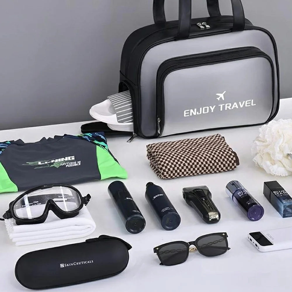 9015 PU Leather+PVC Dual Layer Travel Fitness Swimming Gym Bag Waterproof Toiletry Bag with Shoe Compartment - Black - 5
