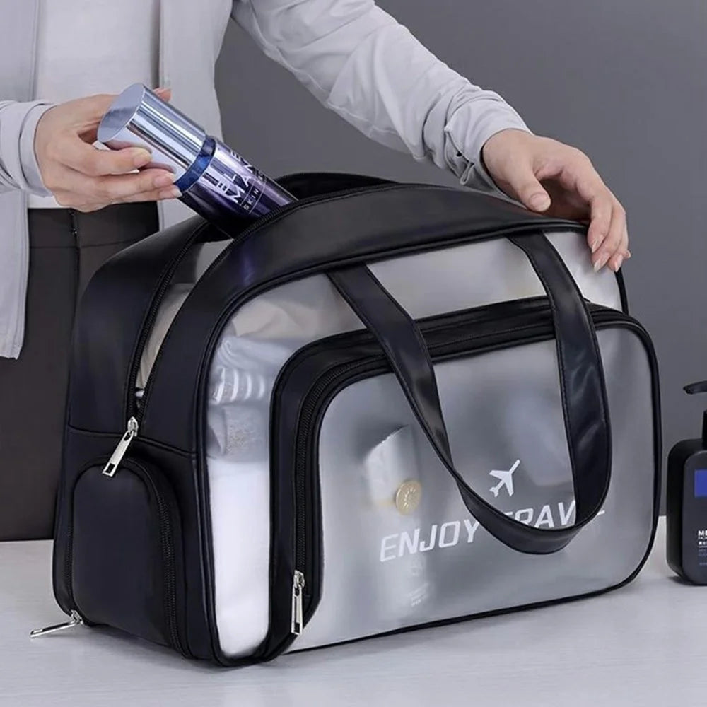 9015 PU Leather+PVC Dual Layer Travel Fitness Swimming Gym Bag Waterproof Toiletry Bag with Shoe Compartment - Black - 6