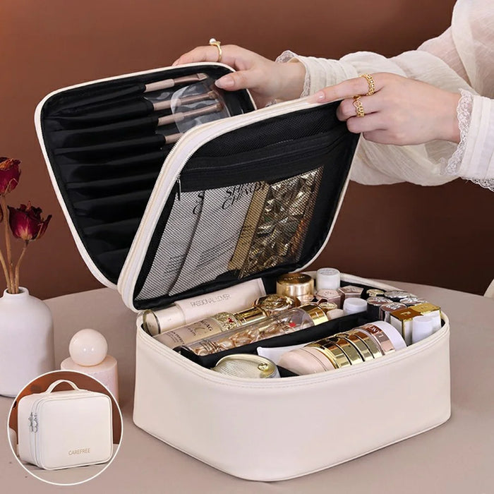 8084 Portable Double Layer Makeup Organizer Large Capacity Travel Toiletry Bag Cosmetic Brush Storage Handbag - White - 1