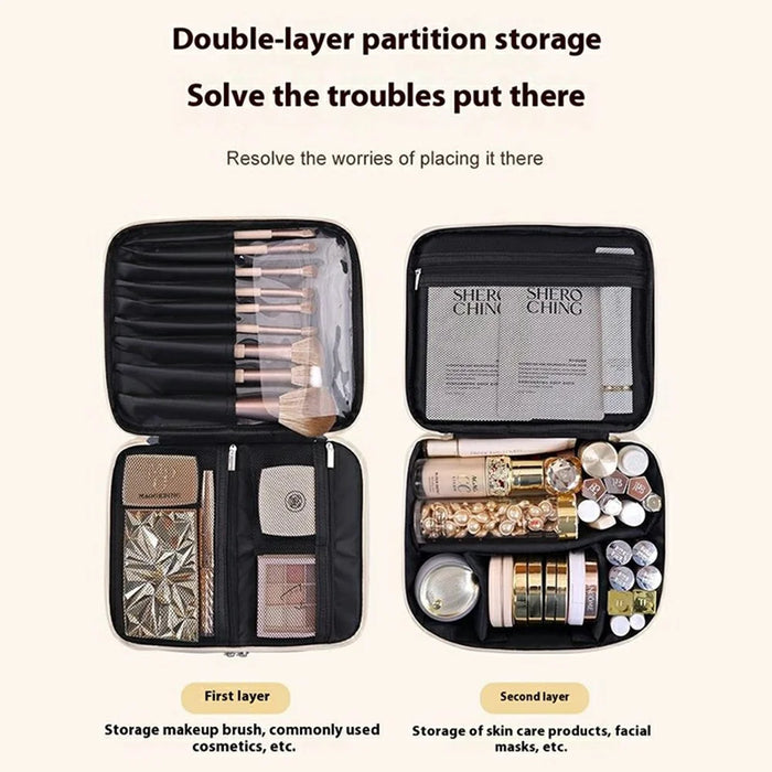 8084 Portable Double Layer Makeup Organizer Large Capacity Travel Toiletry Bag Cosmetic Brush Storage Handbag - White - 2