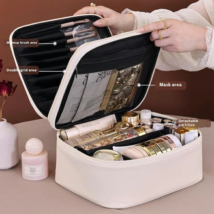 8084 Portable Double Layer Makeup Organizer Large Capacity Travel Toiletry Bag Cosmetic Brush Storage Handbag - White - 3