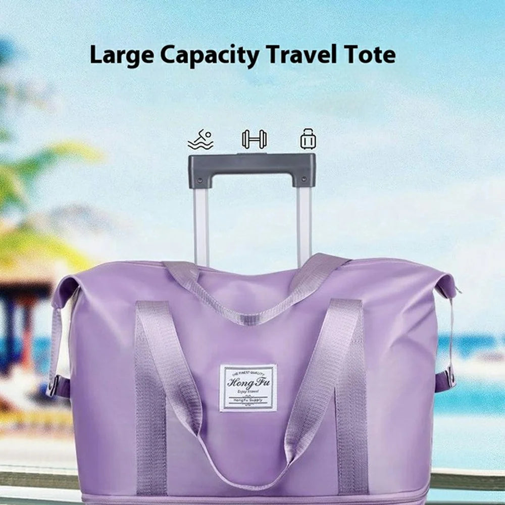 Expandable Travel Duffel Bag with Removable Wheels Large Capacity Waterproof Tote Handbag - Light Purple - 4