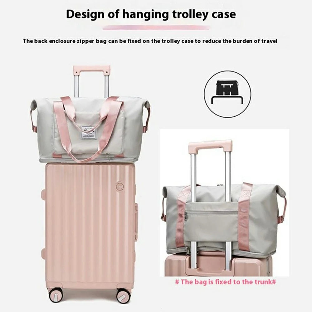 Waterproof Oxford Cloth Foldable Travel Handbag Expandable Large Capacity Duffel for Business Trips  /  Weekends - Grey+Pink - 4