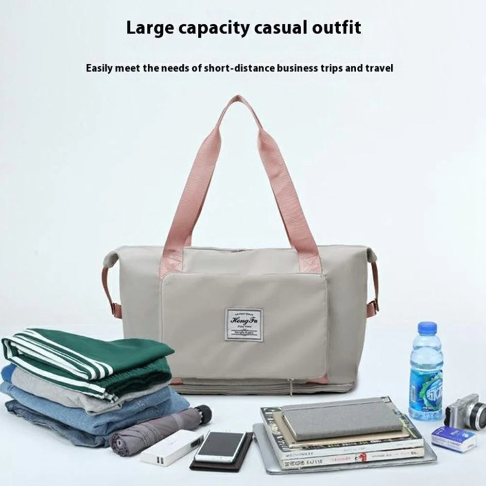 Waterproof Oxford Cloth Foldable Travel Handbag Expandable Large Capacity Duffel for Business Trips  /  Weekends - Grey+Pink - 5