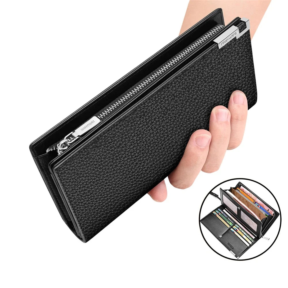 BANYANU N2045 Genuine Leather Long Wallet / Purse Multi Card Slots Large Capacity RFID Blocking - Black / Litchi Texture - 1