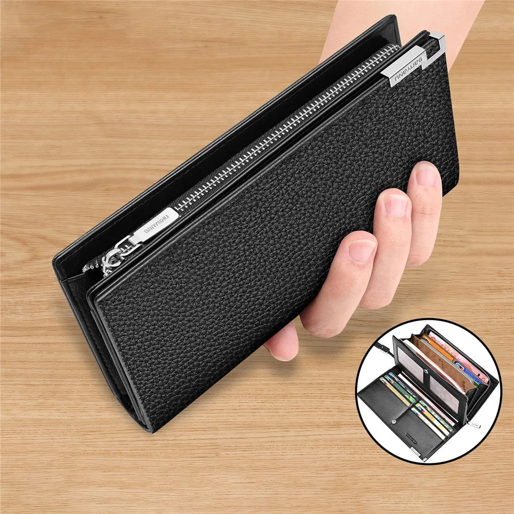 BANYANU N2045 Genuine Leather Long Wallet / Purse Multi Card Slots Large Capacity RFID Blocking - Black / Litchi Texture - 2