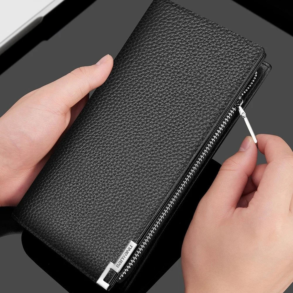 BANYANU N2045 Genuine Leather Long Wallet / Purse Multi Card Slots Large Capacity RFID Blocking - Black / Litchi Texture - 3