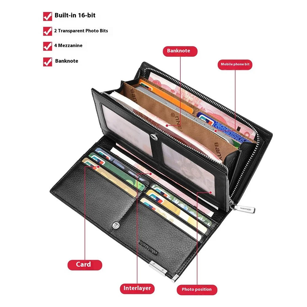 BANYANU N2045 Genuine Leather Long Wallet / Purse Multi Card Slots Large Capacity RFID Blocking - Black / Litchi Texture - 4
