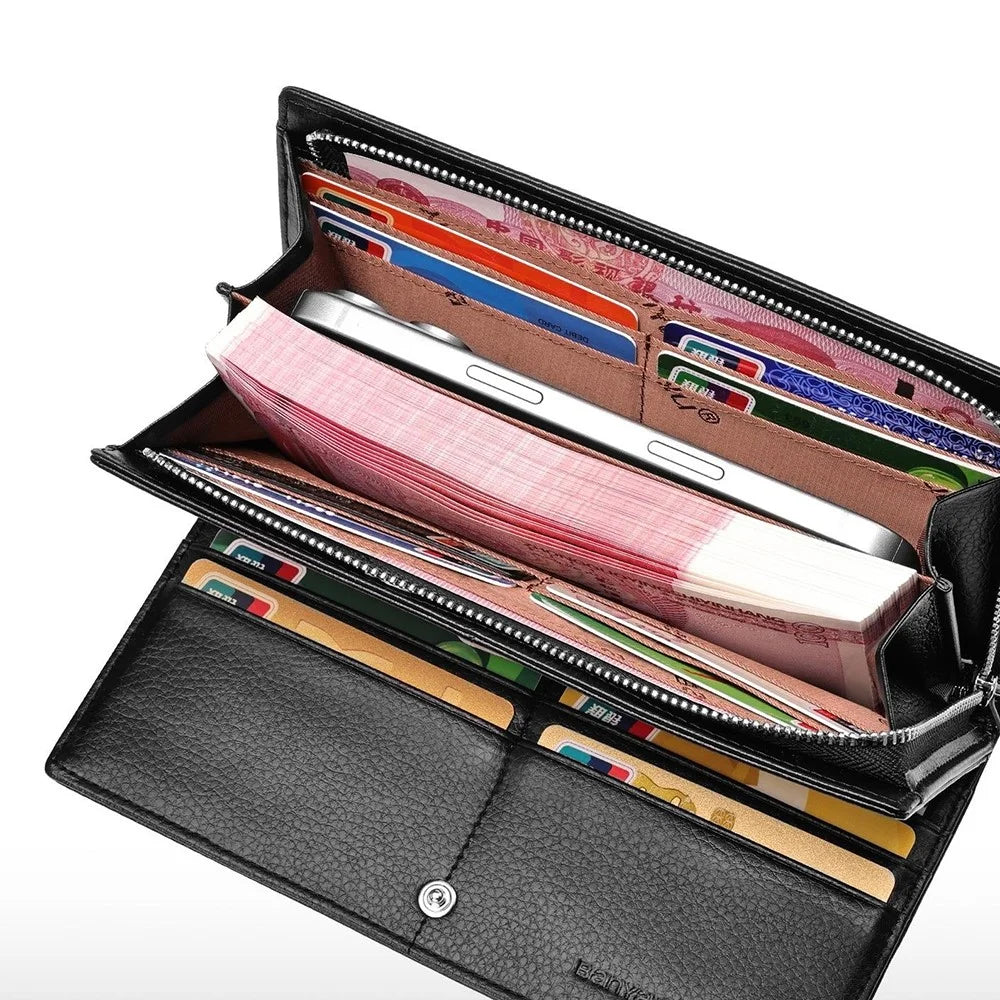 BANYANU N2045 Genuine Leather Long Wallet / Purse Multi Card Slots Large Capacity RFID Blocking - Black / Litchi Texture - 5