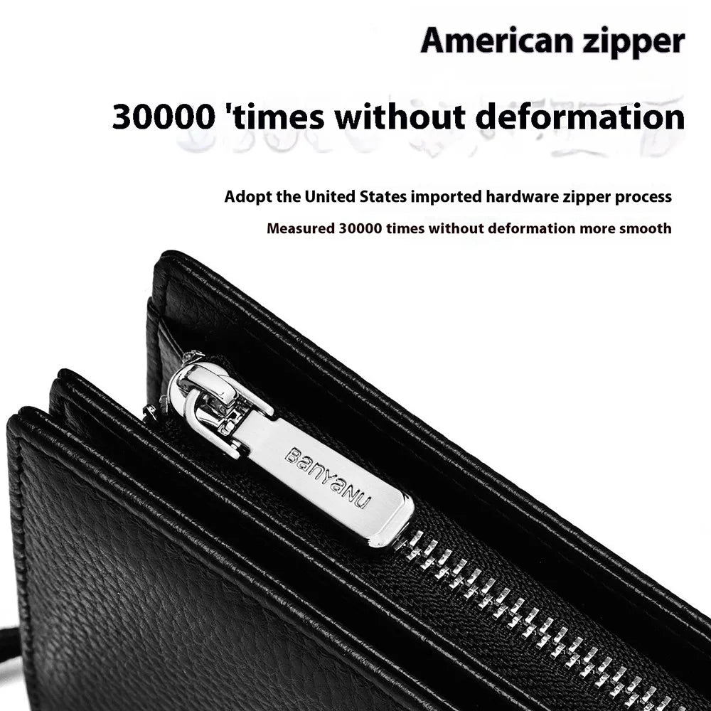 BANYANU N2045 Genuine Leather Long Wallet / Purse Multi Card Slots Large Capacity RFID Blocking - Black / Litchi Texture - 6