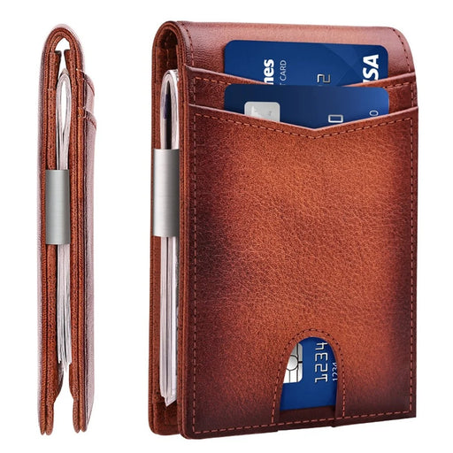 BANYANU N2039M Genuine Leather Wallet for Men Multi Card Slots RFID Blocking Money Clip - Brown - 2