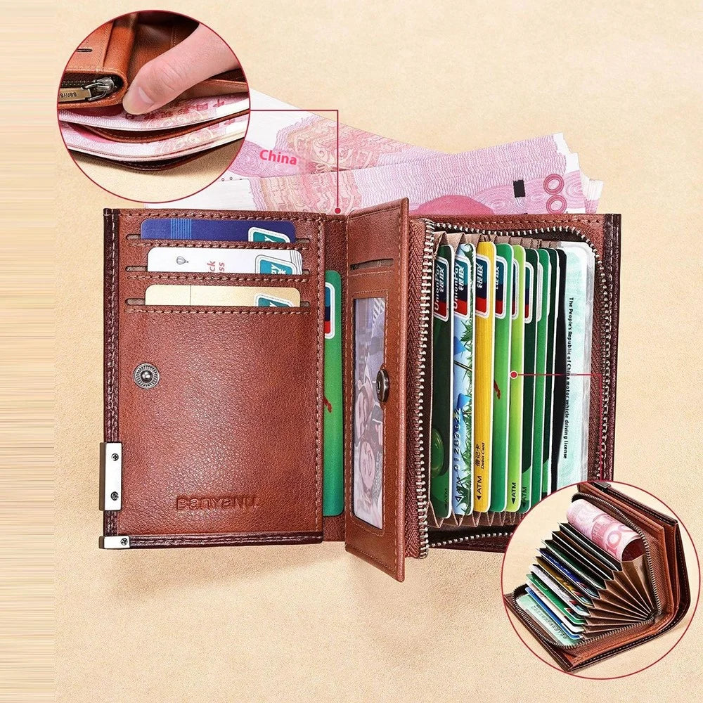 BANYANU N2048 Top Grain Cowhide Leather Wallet Large Capacity Cash Pouch with Multi Card Slots - Brown - 5