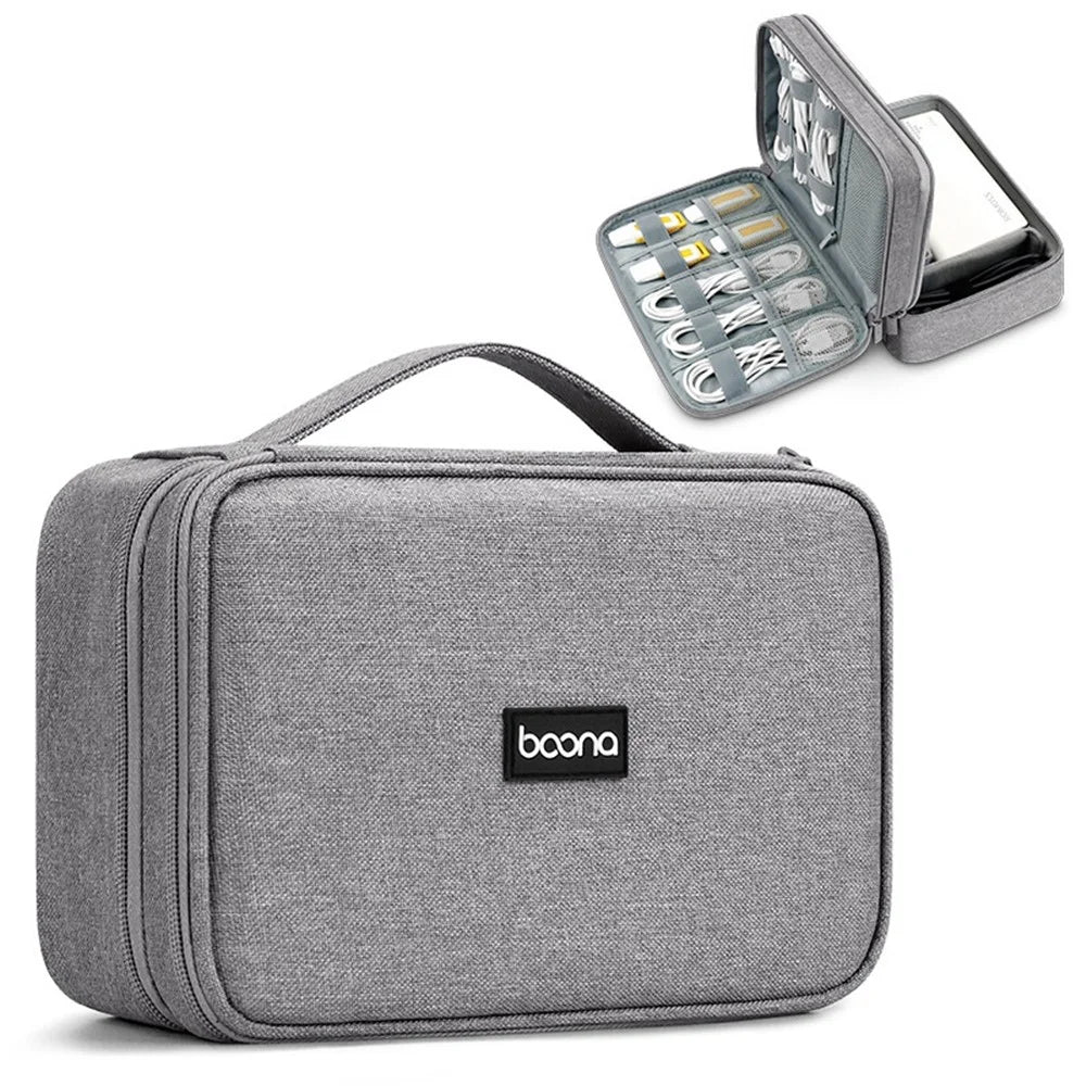 BAONA BN-B004 Electronic Organizer Bag Large Dual-layer Storage Handbag Anti-scratch Case for USB Cables / Chargers / Power Bank / USB Flash Drive / Cell Phone - Grey - 1
