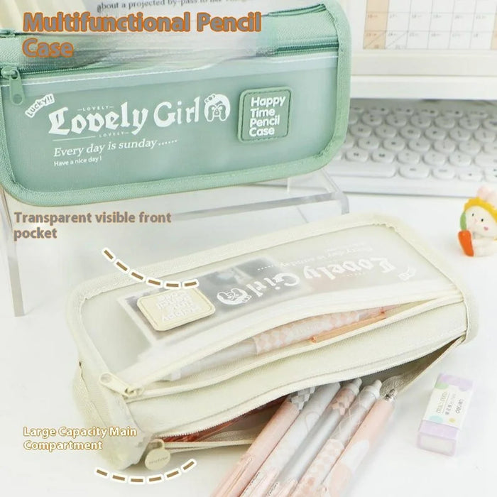 Large Capacity Pencil Case For Students Stylish Stationery Box with Transparent Front Pocket - Black - 3