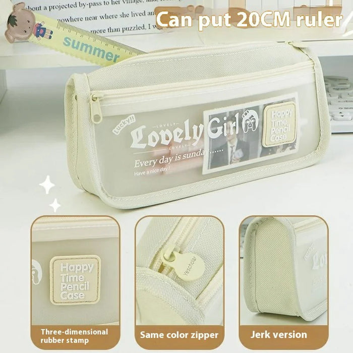 Large Capacity Pencil Case For Students Stylish Stationery Box with Transparent Front Pocket - Black - 4