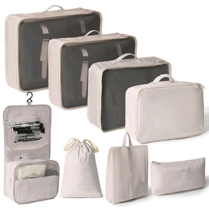 8Pcs / Set Portable Travel Business Trips Organizer Foldable Clothes Shoes Toiletry Storage Bags - Beige - 1