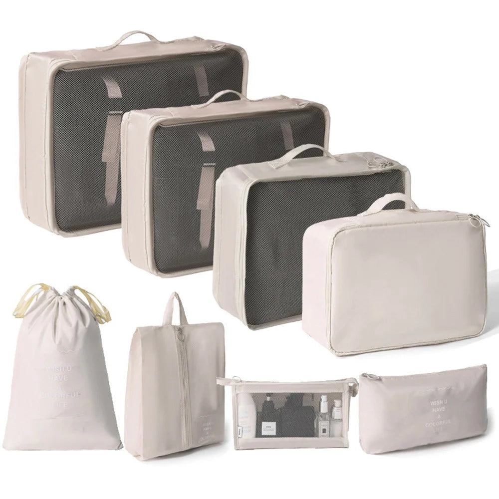 8Pcs / Set Portable Travel Business Trips Organizer Foldable Clothes Shoes Cosmetic Storage Bags - Beige - 1