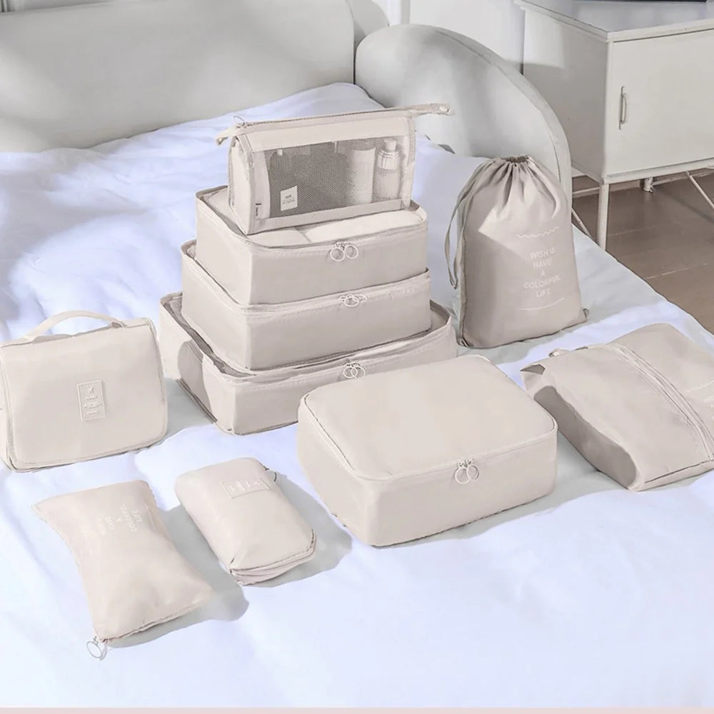 9Pcs / Set Portable Travel Business Trips Organizer Foldable Clothes Shoes Toiletry Cosmetic Storage Bags - Beige - 2