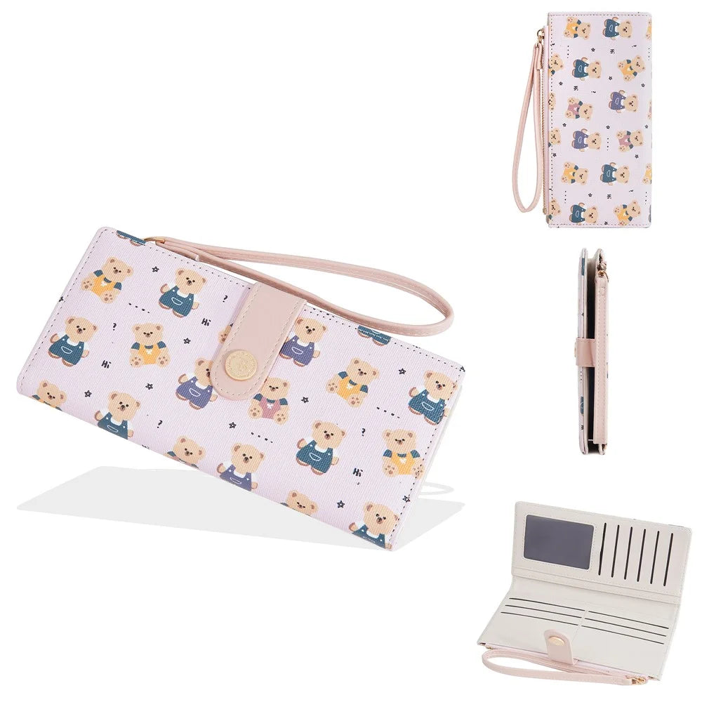 BAELLERRY N5588 Women's Slim Zipper Wallet Cute Bear Design PU Leather Long Purse Multi-Card Bag - Pink - 1