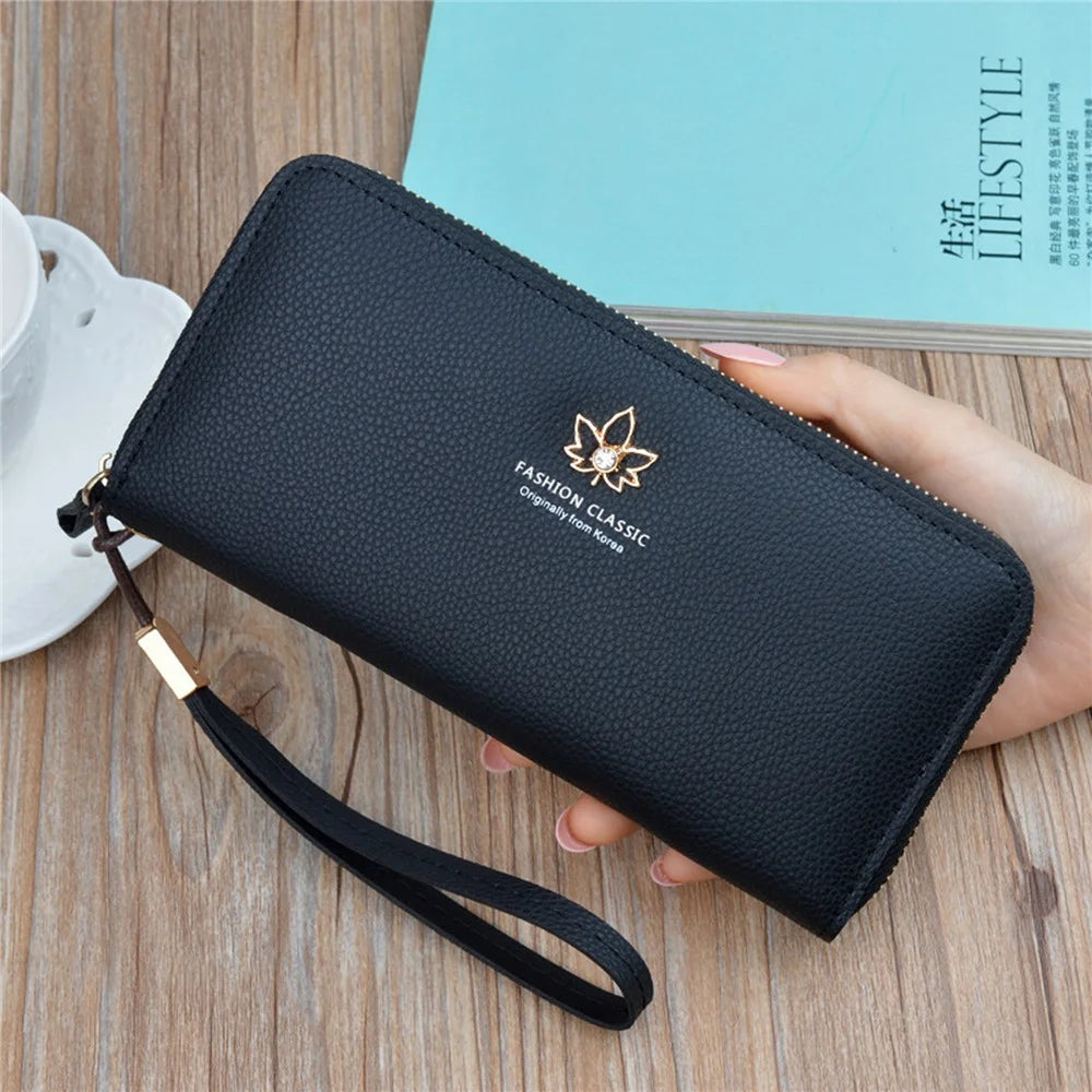 x001-11 Leaf Shape Metal Decor Litchi Texture PU Leather Cellphone Purse Women Clutch Long Wallet with Hand Strap - Black - 1