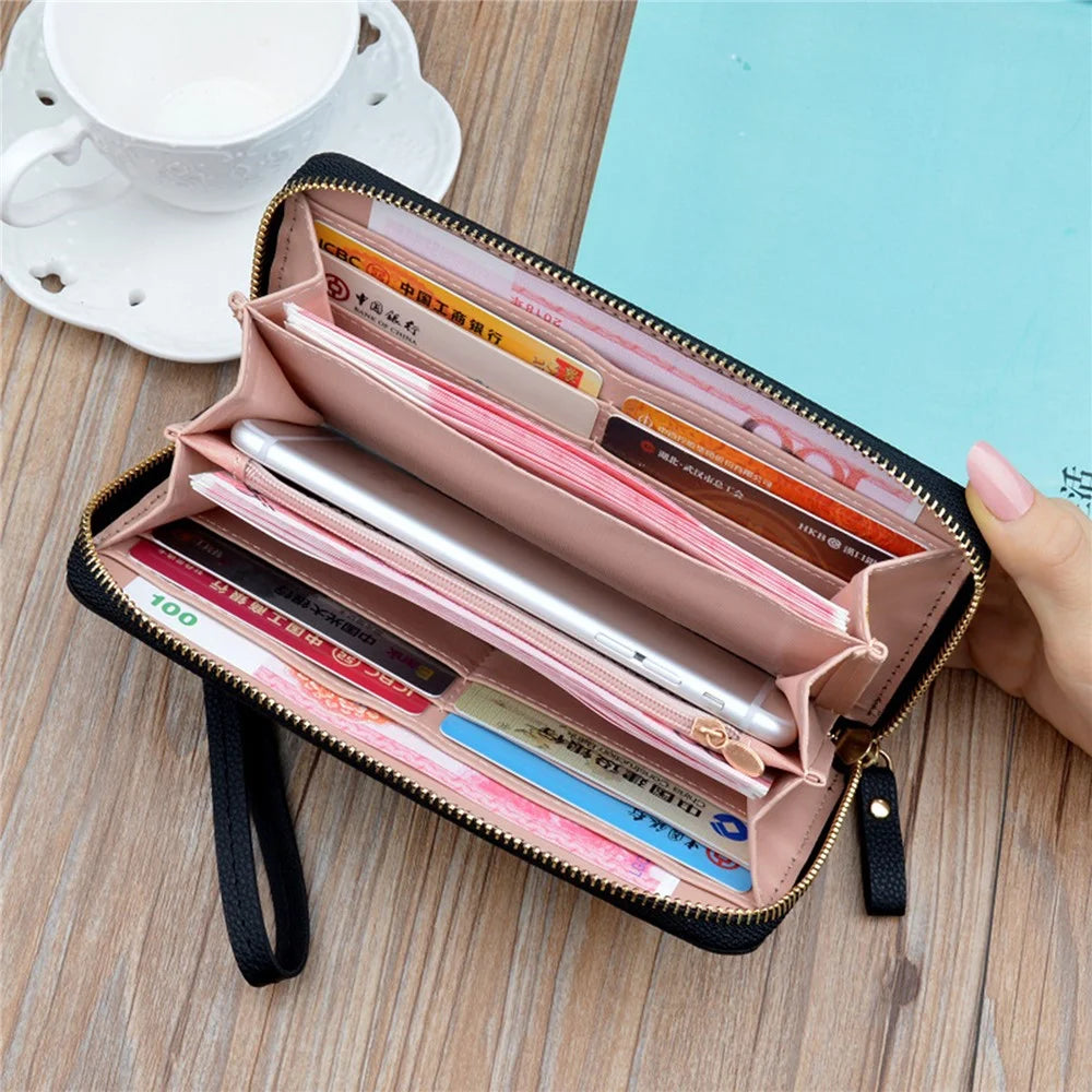x001-11 Leaf Shape Metal Decor Litchi Texture PU Leather Cellphone Purse Women Clutch Long Wallet with Hand Strap - Black - 2