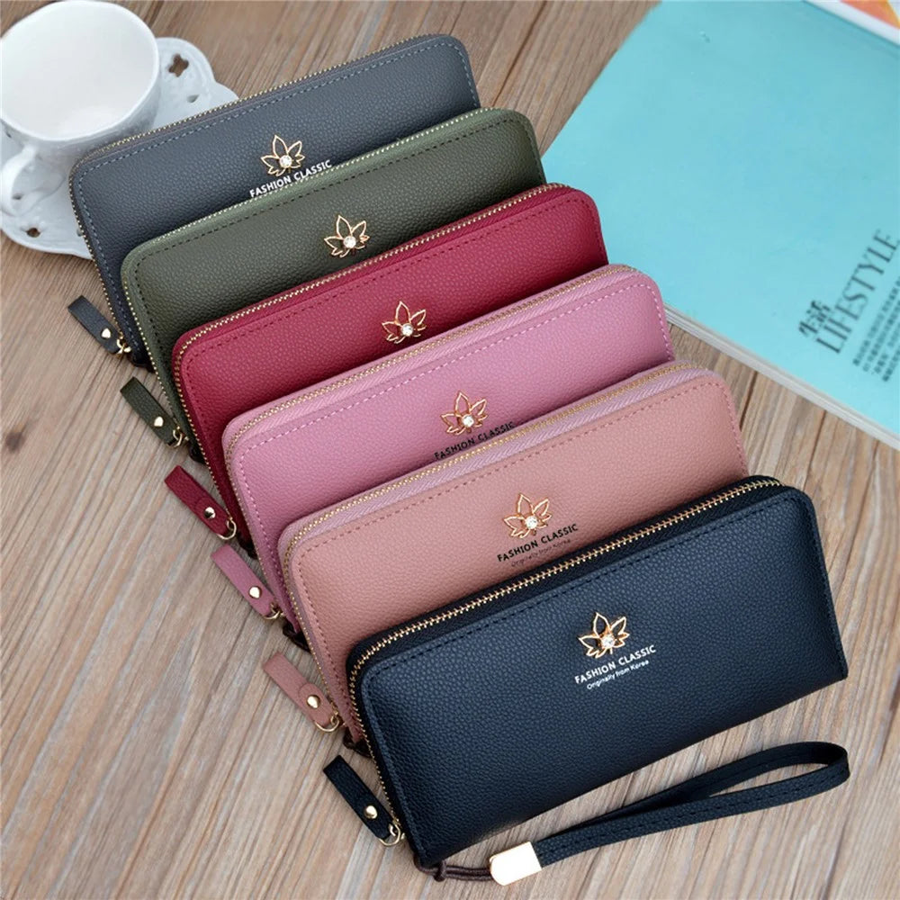 x001-11 Leaf Shape Metal Decor Litchi Texture PU Leather Cellphone Purse Women Clutch Long Wallet with Hand Strap - Black - 3