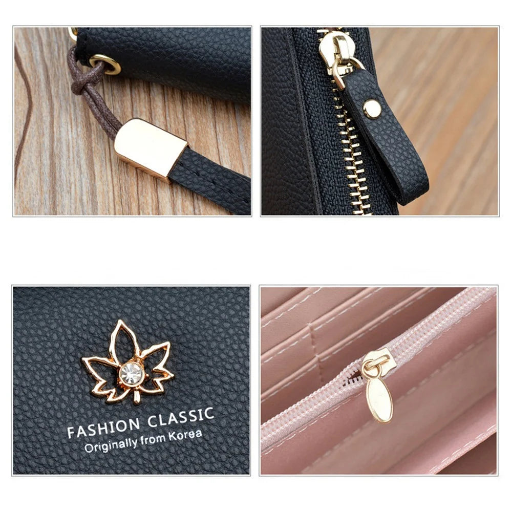 x001-11 Leaf Shape Metal Decor Litchi Texture PU Leather Cellphone Purse Women Clutch Long Wallet with Hand Strap - Black - 4