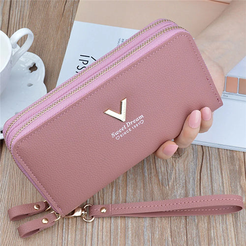 Y-7001 PU Leather Women Long Purse Dual Layer Zipper Clutch Cellphone Wallet - Pink - 1