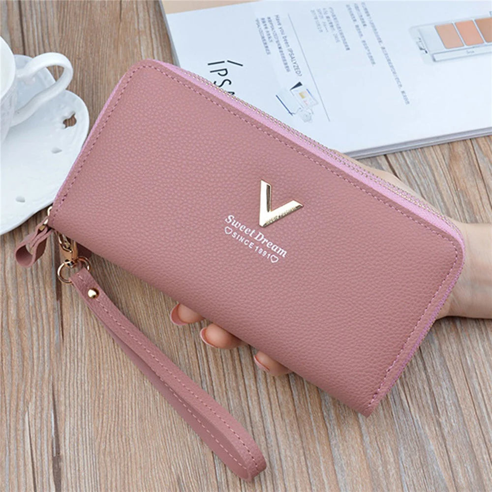 Y-7001 PU Leather Women Long Purse Dual Layer Zipper Clutch Cellphone Wallet - Pink - 2