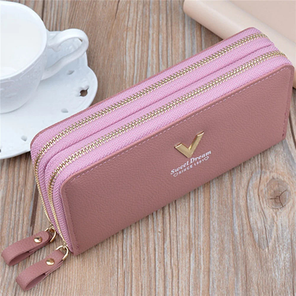 Y-7001 PU Leather Women Long Purse Dual Layer Zipper Clutch Cellphone Wallet - Pink - 3