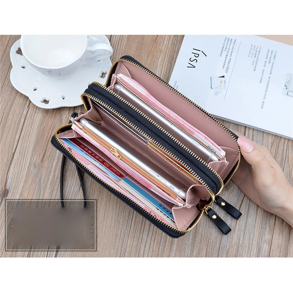 Y-7001 PU Leather Women Long Purse Dual Layer Zipper Clutch Cellphone Wallet - Pink - 5