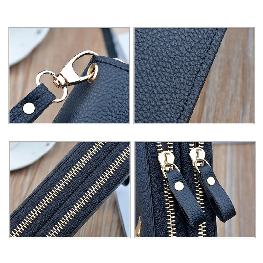 Y-7001 PU Leather Women Long Purse Dual Layer Zipper Clutch Cellphone Wallet - Pink - 6